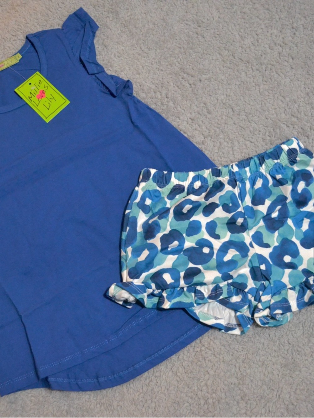 Blue Top & Blue Printed Ruffle Shorts Set
